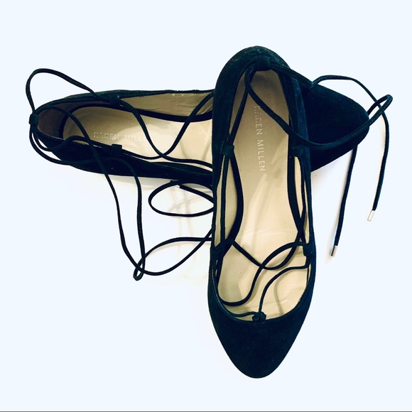 Karen Millen Lace Up Black Suede Flats 10 - Picture 3 of 8
